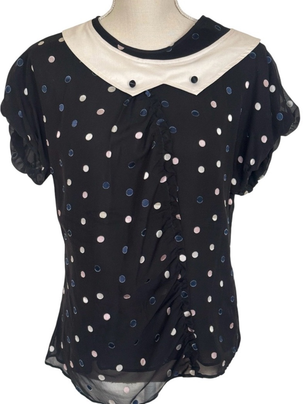 MARC BY MARC JACOBS Vintage Black Polka Dot Blouse White Peter Pan Collar Size 8